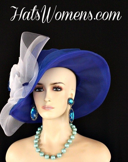 Ladies Royal Blue White Formal Wedding Hat, Haute Couture Designer Hats Women, Dress Church Bridal Bride Hat, NY Fashion Hats Millinery - Image 4