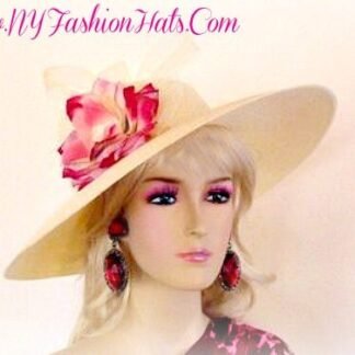 Ivory Or Soft Beige Wide Brim Formal Kentucky Derby Hat For Women Embellished With A Colorful Multi Pink And Ivory Flower. This Couture Fashion Hat Is Suited For The Kentucky Derby, Horse Racing Events, Weddings, Church And Special Occasion. This Dress Hat Is Custom Made And Designed By NY Fashion Hats, nyfashionhats.com
