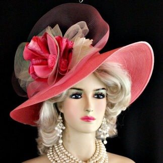 Hot Pink Couture Fashion Wedding Hat For Women With A Large Custom Made Pink Flower. This Wide Brimmed Dress Hat Is Trimmed With A Large Sheer Ivory And Pink Crinoline Horsehair Bow, Accented With A Large Handmade Silk Hot Pink Millinery Flower Made With Fabric, Embellished With Custom Made Ivory Vintage Millinery Leaves. The Center Of This Beautiful Flower Is Embellished With Pink Satin Rosettes.