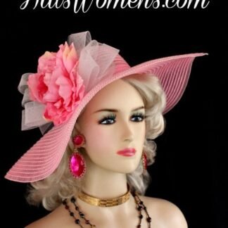 Pink And White Two Toned Wide Brim Fashion Kentucky Derby Designer Hat For Women With A Sheer Crinoline White Bow, Adorned With A Multi Colored Silk Millinery Flower. This Kentucky Derby Hat Is Suited For Horse Races, Formal Events, Weddings, And Church. This Beautiful Lightweight Brimmed Hat Is Well Suited For A Bride To Be On Her Wedding Day, Also Appropriate For Wedding Guests.