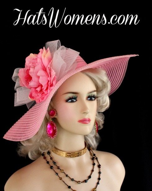 Pink And White Two Toned Wide Brim Fashion Kentucky Derby Designer Hat For Women With A Sheer Crinoline White Bow, Adorned With A Multi Colored Silk Millinery Flower. This Kentucky Derby Hat Is Suited For Horse Races, Formal Events, Weddings, And Church. This Beautiful Lightweight Brimmed Hat Is Well Suited For A Bride To Be On Her Wedding Day, Also Appropriate For Wedding Guests.