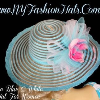 Ladies Wide Sheer Brim Custom Made, Turquoise Blue And White Special Occasion Kentucky Derby Hat. This formal designer Church hat, is adorned with a sheer large turquoise blue and white netting bow, adorned with a beautiful, custom made pink silk rose flower, accented with turquoise blue satin rosettes and pink feathers. The edge of this wide brim hat, has a scallop lace finish.