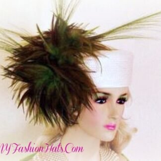 Avant Garde Luxurious Haute Couture Feather Pillbox Hat, Ivory Beige Lime Olive Green Brown Occasion Hat, NYFashionHats Haute Couture Millinery Hat, Rio By NYFashionHats.Com