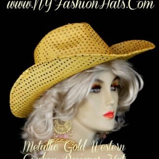 Ladies Metallic Gold Western Cowboy Designer Hat. This special occasion casual hat, is suited for Winter, Spring, Summer, and Fall. A perfect hat, to add style to your wardrobe. You can match this stylish hat, to your favorite dresses, suits, pants suits, slacks, blouses, gown, scarves, handbags, cowboy boots and shoes. What a great accessory, or birthday gift for any women. Measurements - The inner crown measures 22 1/2". This is a standard crown size, fits most women. Many models and celebrities have worn our hats for magazine photo shoots and Fashion Week. Show off this designer hat, at your next dress or casual event.
