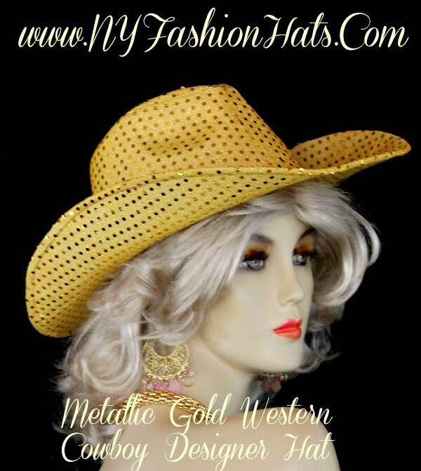 Ladies Metallic Gold Western Cowboy Designer Hat. This special occasion casual hat, is suited for Winter, Spring, Summer, and Fall. A perfect hat, to add style to your wardrobe. You can match this stylish hat, to your favorite dresses, suits, pants suits, slacks, blouses, gown, scarves, handbags, cowboy boots and shoes. What a great accessory, or birthday gift for any women. Measurements - The inner crown measures 22 1/2". This is a standard crown size, fits most women. Many models and celebrities have worn our hats for magazine photo shoots and Fashion Week. Show off this designer hat, at your next dress or casual event.