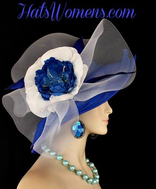 Ladies Royal Blue White Formal Wedding Hat, Haute Couture Designer Hats Women, Dress Church Bridal Bride Hat, NY Fashion Hats Millinery - Image 3