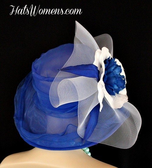 Ladies Royal Blue White Formal Wedding Hat, Haute Couture Designer Hats Women, Dress Church Bridal Bride Hat, NY Fashion Hats Millinery - Image 2