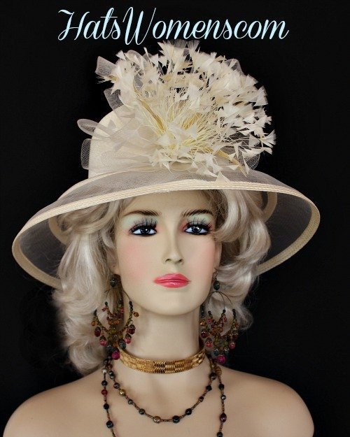 Beige Ivory Big Brim Dress Hat, Haute Couture Hats Women, Hats For Horse Races, Kentucky Derby Hat, Wedding Bridal Mother Of The Bride Hat - Image 2