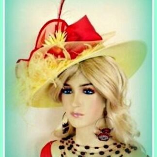 Women's Handmade Haute Couture Yellow And Red Wide Brimmed Designer Avant Garde Fashion Hat. This Elegant Dress Hat Is Embellished With A Large Beautiful Red Bow Enhanced With A Red Organza Satin Edged Bow. Yellow Silke Flowers Are Placed Withing The Bowing Enhanced With Yellow Feathers. For An Added Touch, A Large Red Feather Is Added. NYFashionHats Haute Couture Millinery Headwear For Women