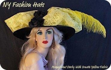 Ladies Black Wide Brim Designer Kentucky Derby Dress Hat, With A Lemon Yellow Lace Bow, Black Silk Roses, And A Large Yellow Feather.