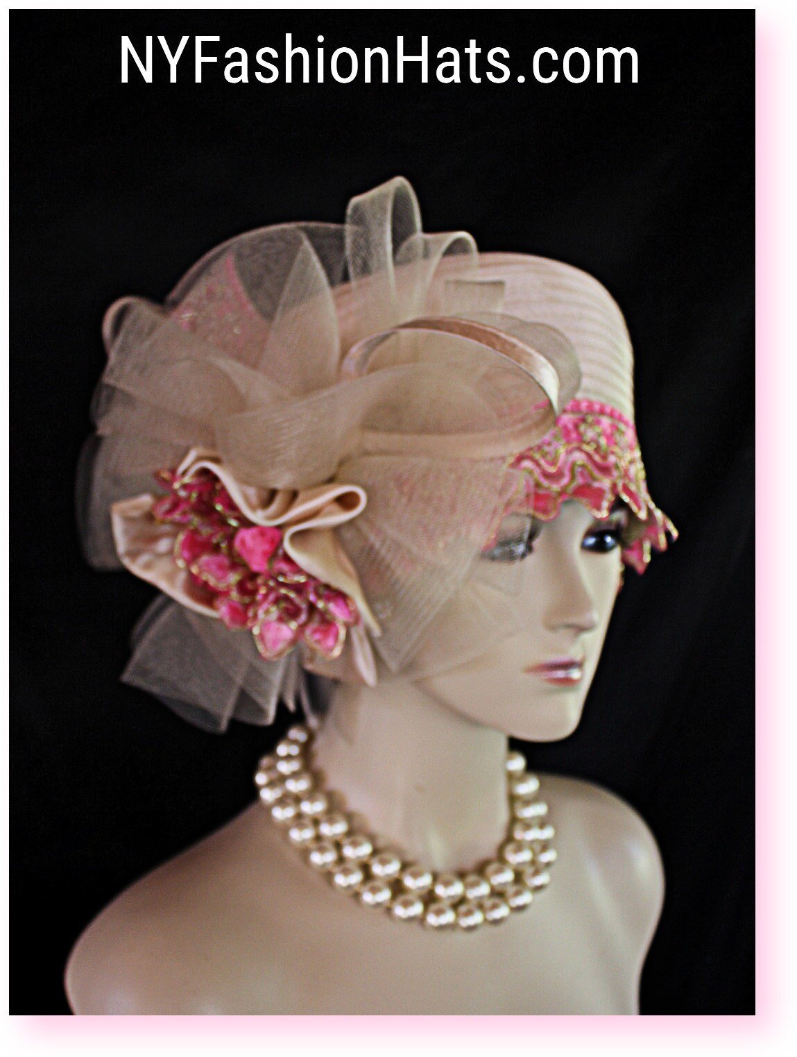 Beige Pink Metallic Gold Formal Haute Couture Satin Embroidered Pillbox Designer Fashion Hat. This Elegant Dress Hat Is Embellished With A Satin Sculptured Decorative Metallic Gold And Pink Extension Bow. The Same Beautiful Metallic Gold And Pink Trim Encircles The Lower Portion Of The Crown. A Large Horsehair Bow Mixed With Satin Loop Bowing Is Also Adorned On This Glamorous One Of A Kind Hat. Mixed Within This Bowing Is A Beige Satin Bow With A Metallic Gold And Pink Embroidered Bow Enhanced With A Hot Pink Satin Rosette. This Hat Talks For Itself, It Will Make A Huge Hit. This Dramatic Hat Can Be Worn In Different Positions To Suit Your Face.