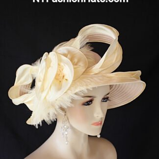 Women’s Banana Yellow Beige Haute Couture Satin Large Brim Designer Hat Suited For Brides Formals Or Wedding Guests. This Hand Made High Fashion Hat Is Trimmed With A Large Handmade Satin Ruffled Edge Bow Enhanced With A Handmade Satin Large Bow With Large Satin Rosettes Placed Inside. Embellished Within This Beautiful Bowing Are Expensivel Multi Ivory Rooster Hackle Feathers. A Delicate Satin And Ivory Sequin Trim Encircles The Lower Portion Of The Crown On This Amazing Hat. Notice: The Beautiful Ruffled Edge On This Glamorous Hat.