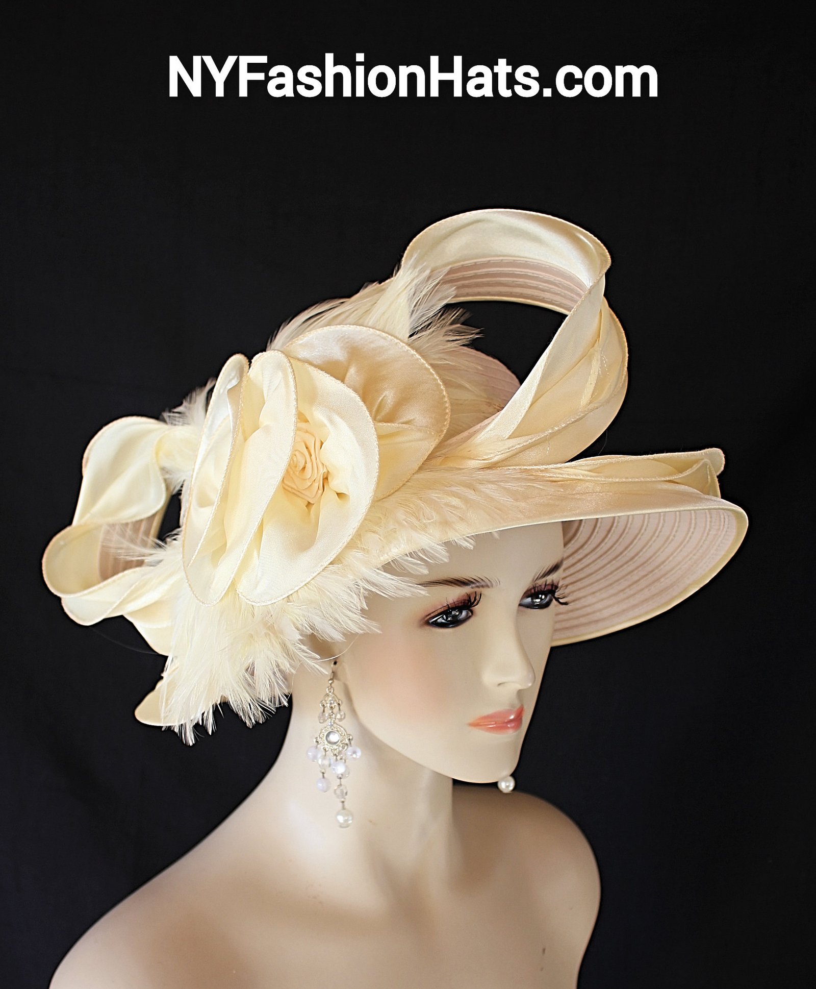 Women’s Banana Yellow Beige Haute Couture Satin Large Brim Designer Hat Suited For Brides Formals Or Wedding Guests. This Hand Made High Fashion Hat Is Trimmed With A Large Handmade Satin Ruffled Edge Bow Enhanced With A Handmade Satin Large Bow With Large Satin Rosettes Placed Inside. Embellished Within This Beautiful Bowing Are Expensivel Multi Ivory Rooster Hackle Feathers. A Delicate Satin And Ivory Sequin Trim Encircles The Lower Portion Of The Crown On This Amazing Hat. Notice: The Beautiful Ruffled Edge On This Glamorous Hat.