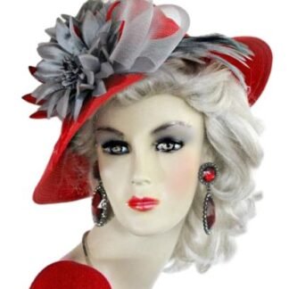 Red Designer And Grey Big Bow Haute Couture Avant Garde Dress Wedding Church Hat For Women. This Dress Hat Is Trimmed With A Large Grey Crinoline Bow, Adorned With Grey And Red Silk Flower Petals. Grey Feathers Are Placed On The Brim Of This Couture Hat For Added Design. A Red Satin Band Wraps Around The Crown Of This Lovely Hat. Fashion Hat Is Suited For The Holidays, Church, Synagogue, Cocktail Black Tie Parties, Weddings And Formals. Women's Designer Hats Specializes In Custom Made Designer Hats For Women, Cocktail Hats, Church Hats, Hats For Formals, Dress Hats, Hats For Weddings, Kentucky Derby Hats, Hats For Horse Racing Events, And Special Occasion Hats.