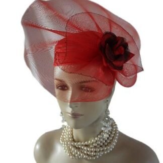 Red Pillbox Haute Couture Cocktail Hat Fascinator For Women With A Large Red Sheer Crinoline Bow And Red And Burgundy Open Silk Rose. This Hand Made 1920's Flapper Era Designer Headpiece Will Impress. This Stylish Lightweight Fascinator Pillbox Style Hat Is Embellished With A Hat Pin To Hold This Wedding Fascinator In Place.