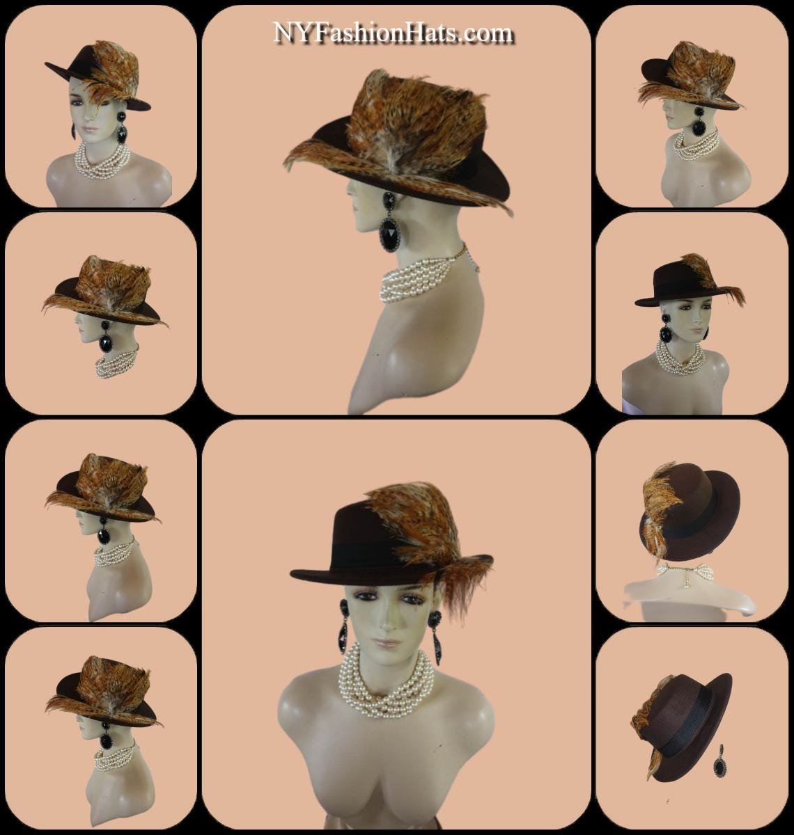 Brown Felt Bolero Gaucho Hat, Boater Gondola Fedora Hat, Beige Gold Tan Haute Couture Designer Fashion Hat, Wedding Dress Causal Formal Hats - Image 4