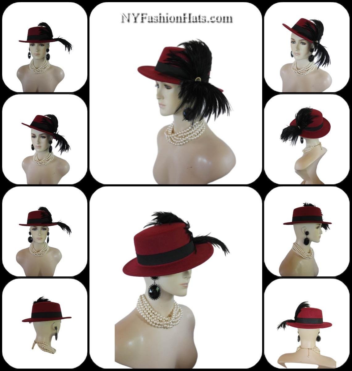 Burgundy Black Felt Bolero Gaucho Dress Hat, Boater Gondola Fedora Fashion Hat, Avant Garde Hat, Haute Couture Designer Hat, Wedding - Image 2