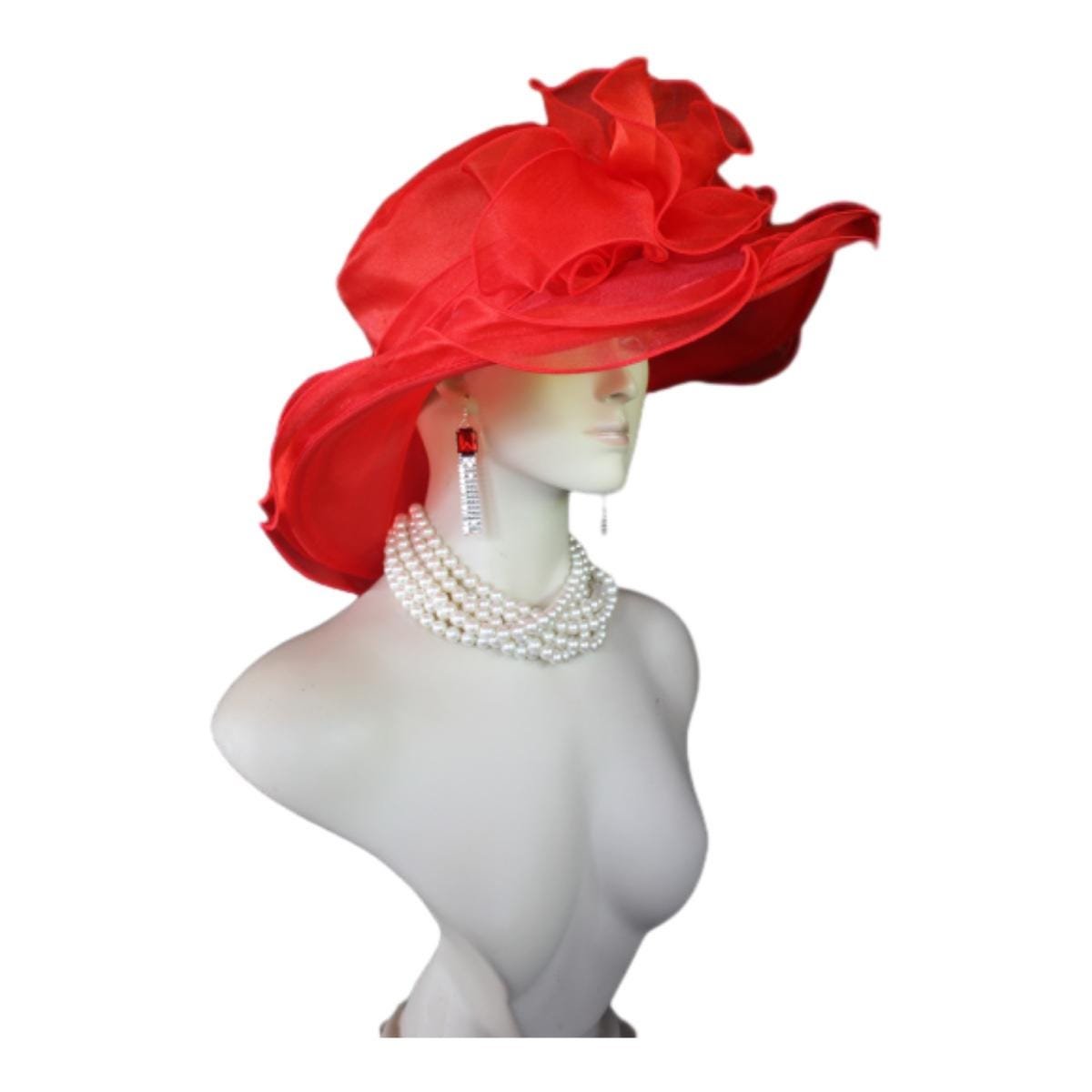 Red Big Ruffle Brim Organza Wedding Brida Hat, Formal Dress Hat, Mother Of The Bride Hats, Haute Couture Designer Hats, NY Fashion Hats - Image 2