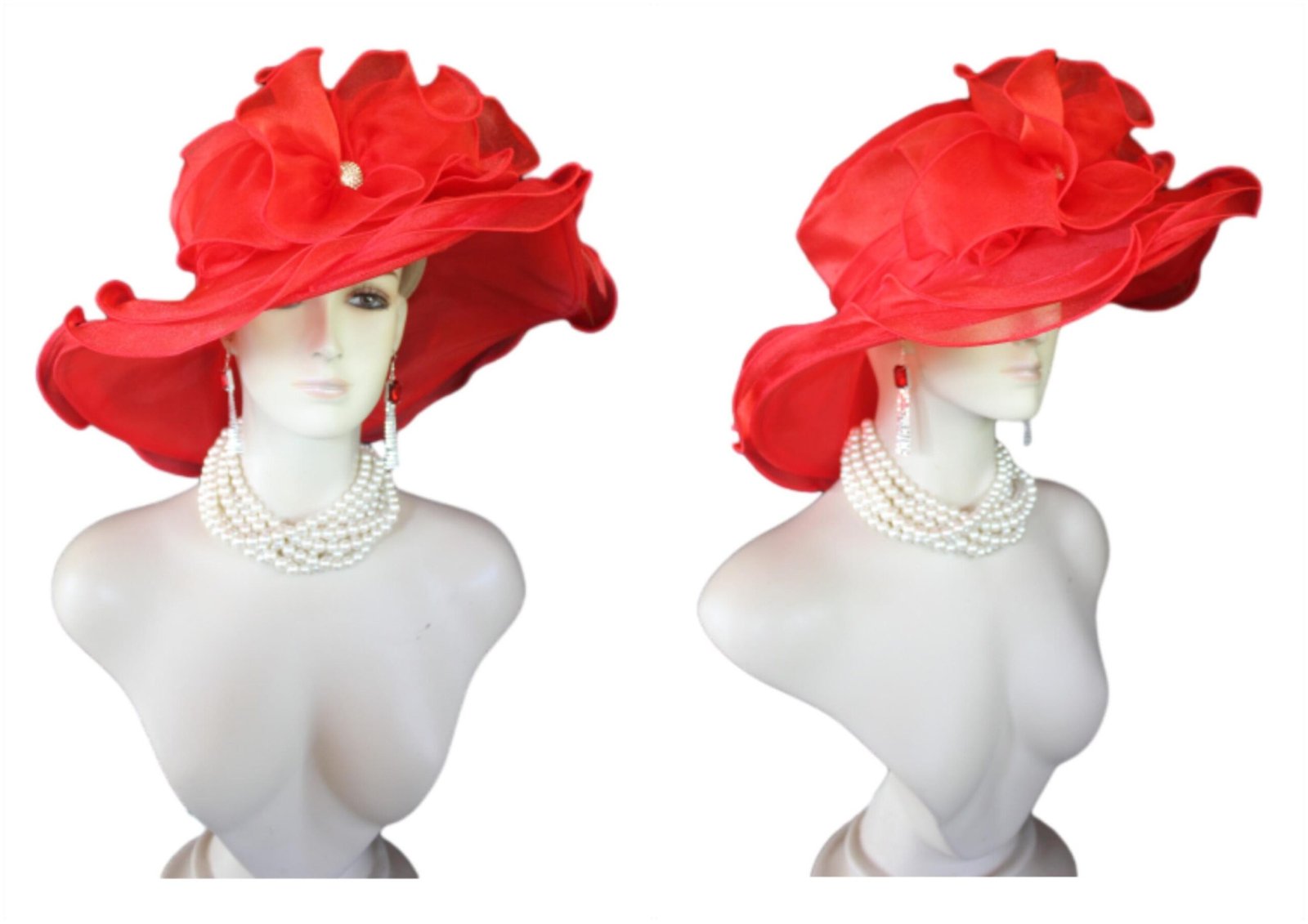 Red Big Ruffle Brim Organza Wedding Brida Hat, Formal Dress Hat, Mother Of The Bride Hats, Haute Couture Designer Hats, NY Fashion Hats - Image 13
