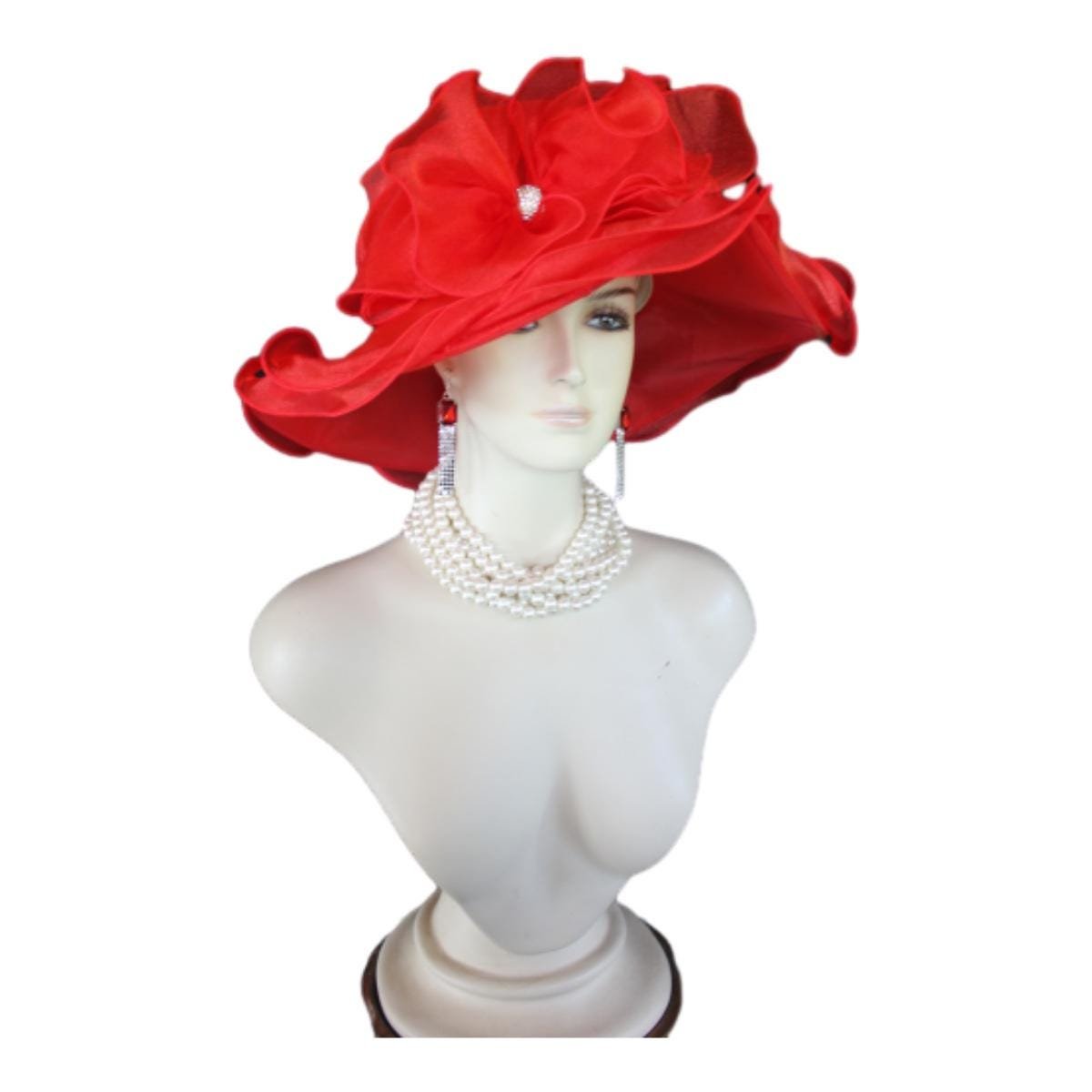 Red Big Ruffle Brim Organza Wedding Brida Hat, Formal Dress Hat, Mother Of The Bride Hats, Haute Couture Designer Hats, NY Fashion Hats - Image 6