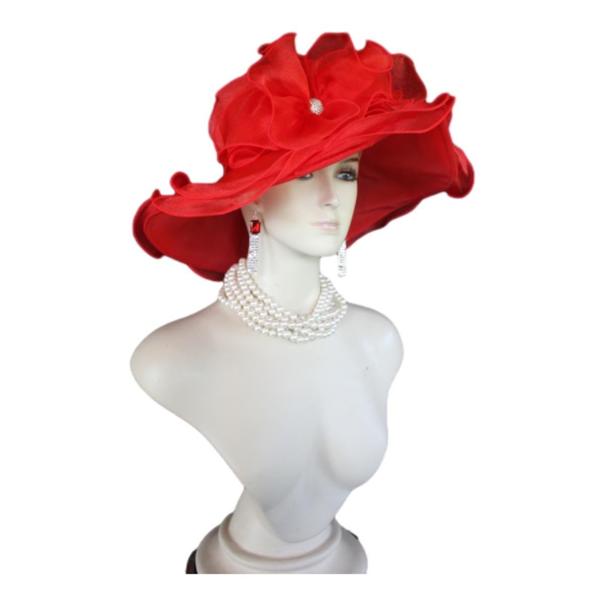 Red Big Ruffle Brim Organza Wedding Brida Hat, Formal Dress Hat, Mother Of The Bride Hats, Haute Couture Designer Hats, NY Fashion Hats - Image 7
