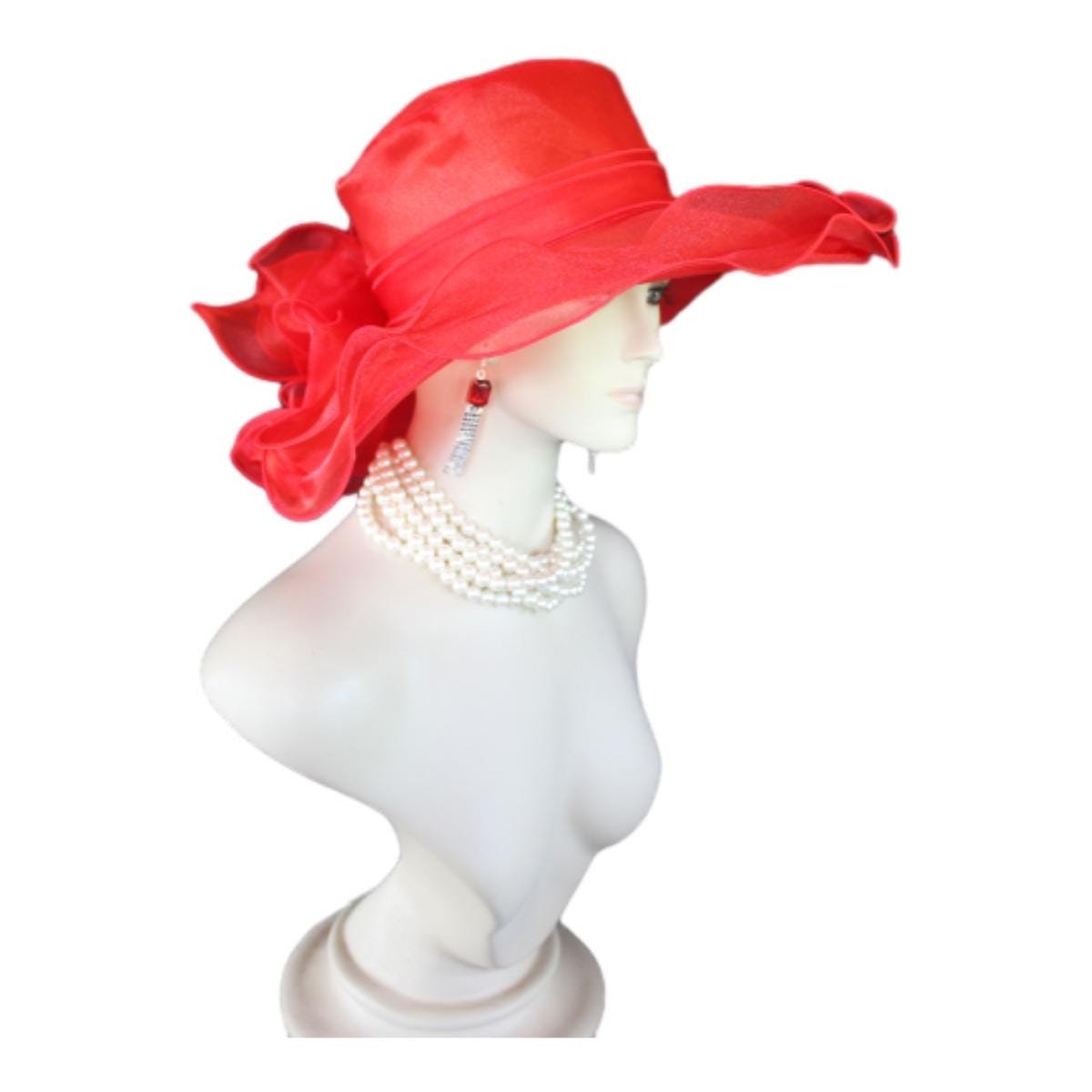 Red Big Ruffle Brim Organza Wedding Brida Hat, Formal Dress Hat, Mother Of The Bride Hats, Haute Couture Designer Hats, NY Fashion Hats - Image 9