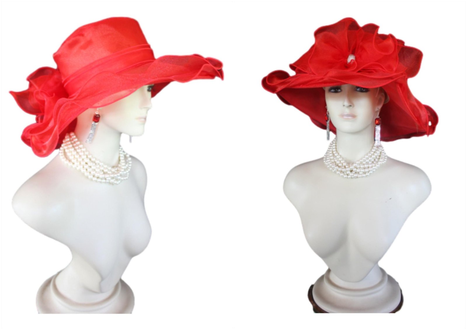 Red Big Ruffle Brim Organza Wedding Brida Hat, Formal Dress Hat, Mother Of The Bride Hats, Haute Couture Designer Hats, NY Fashion Hats - Image 3