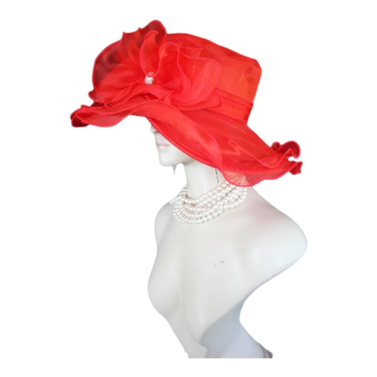 Red Big Ruffle Brim Organza Wedding Brida Hat, Formal Dress Hat, Mother Of The Bride Hats, Haute Couture Designer Hats, NY Fashion Hats - Image 4