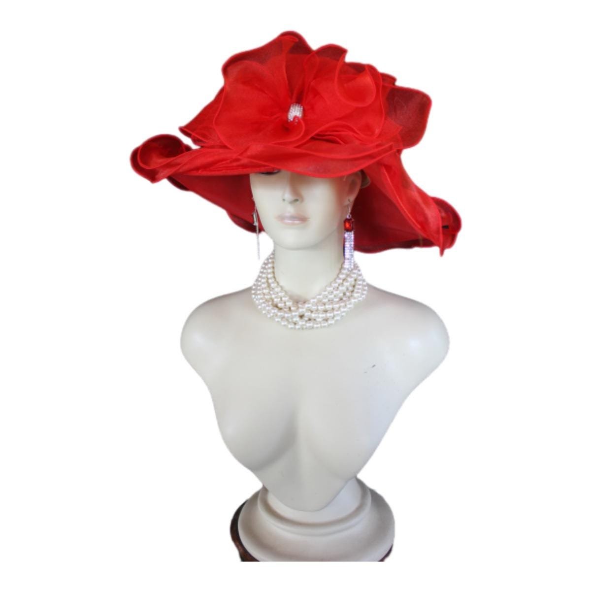 Red Big Ruffle Brim Organza Wedding Brida Hat, Formal Dress Hat, Mother Of The Bride Hats, Haute Couture Designer Hats, NY Fashion Hats - Image 5