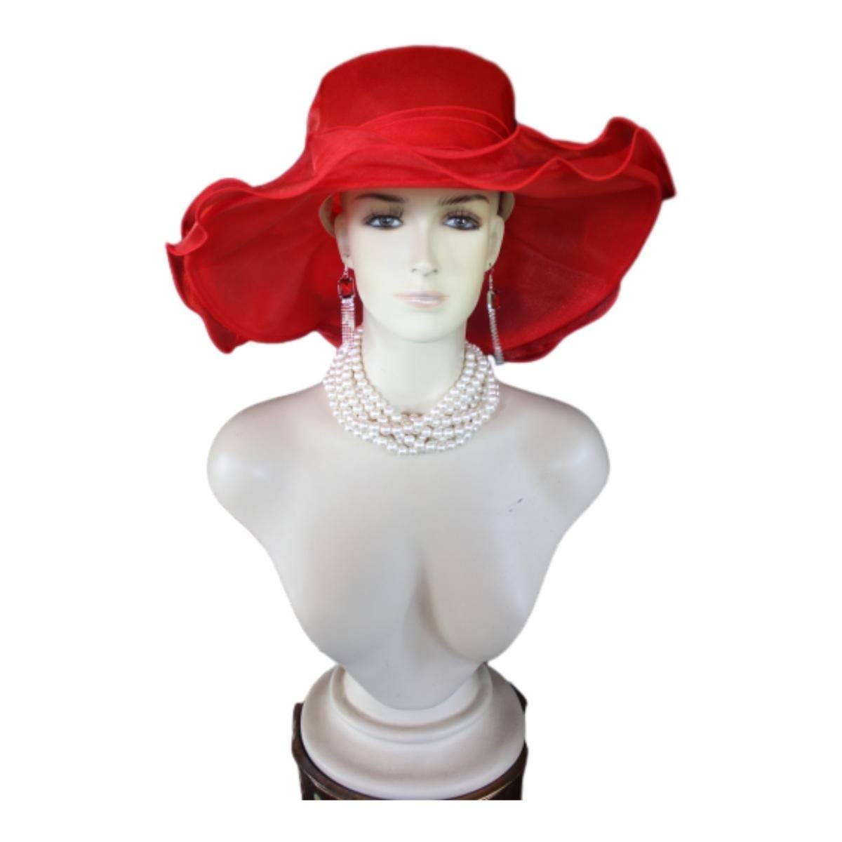 Red Big Ruffle Brim Organza Wedding Brida Hat, Formal Dress Hat, Mother Of The Bride Hats, Haute Couture Designer Hats, NY Fashion Hats - Image 8