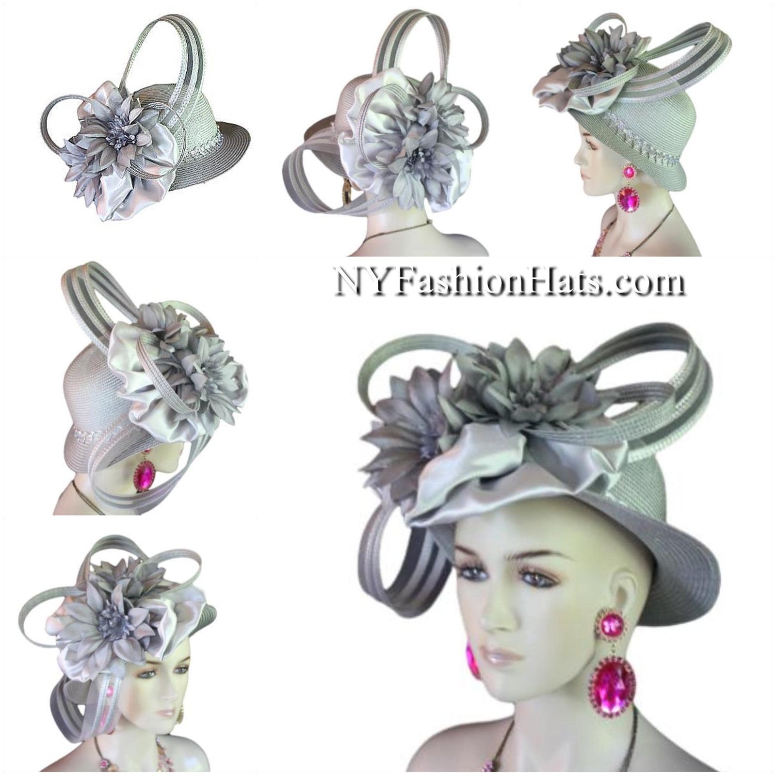 Haute Couture Designer Avant Garde Shaped Sculptured High Fashion Hat For Women. This Formal Wedding Hat Is Embellished With A Large Gray Satin Hand Made Bow Enhanced With A Combination Of Gray Poly Straw Sculptured Loop Bowing. Placed With This Beautiful Bow Is Are Large Handmade Vintage Gray Satin Flowers Embedded With Vintage Silk Millinery Flower Centers. A Beautiful Embroidered Sequin Trim Encircles The Lower Crown Of This Beautiful Headpiece Cocktail Hat. This Avant Garde Hat Is A Fashion Statement Piece.This Formal Hat Can Be Worn In Different Positions. The Bowing Can Be Worn Toward The Face Or Toward The Back Of The Head.