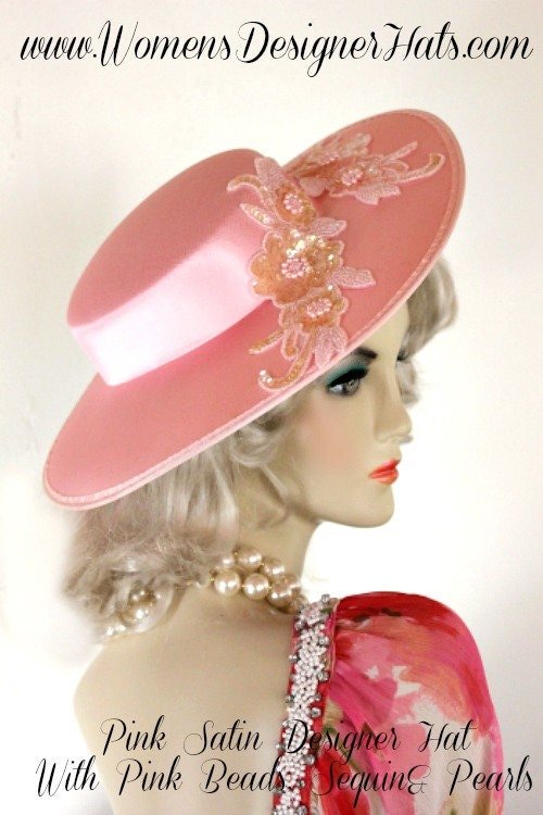 Womens' Haute Couture Pink Satin Designer Hat, Formal Bridal Hat Fascinator, Wedding Hat, Mother Of The Bride Dress Hat, Derby Luncheon Hat