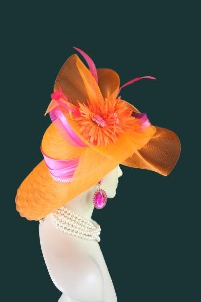 Haute Couture Orange Hot Pink Wide Brim Designer Fashion Hat, Formal Dress Church Hats, Kentucky Derby Hats, Avant Garde, Wedding Bridal Hat - Image 2