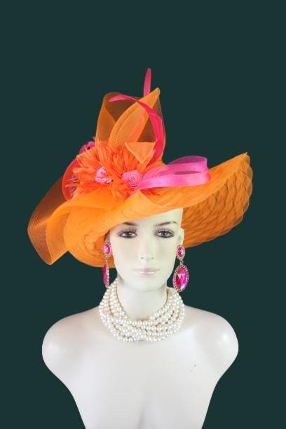 Haute Couture Orange Hot Pink Wide Brim Designer Fashion Hat, Formal Dress Church Hats, Kentucky Derby Hats, Avant Garde, Wedding Bridal Hat - Image 6