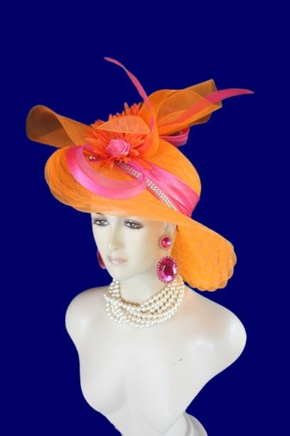 Haute Couture Orange Hot Pink Wide Brim Designer Fashion Hat, Formal Dress Church Hats, Kentucky Derby Hats, Avant Garde, Wedding Bridal Hat - Image 10