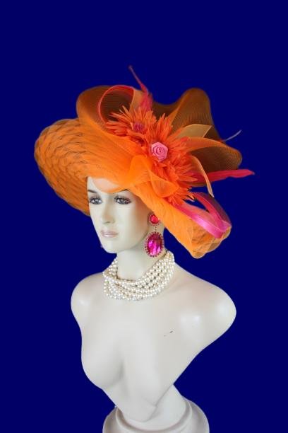 Haute Couture Orange Hot Pink Wide Brim Designer Fashion Hat, Formal Dress Church Hats, Kentucky Derby Hats, Avant Garde, Wedding Bridal Hat - Image 11