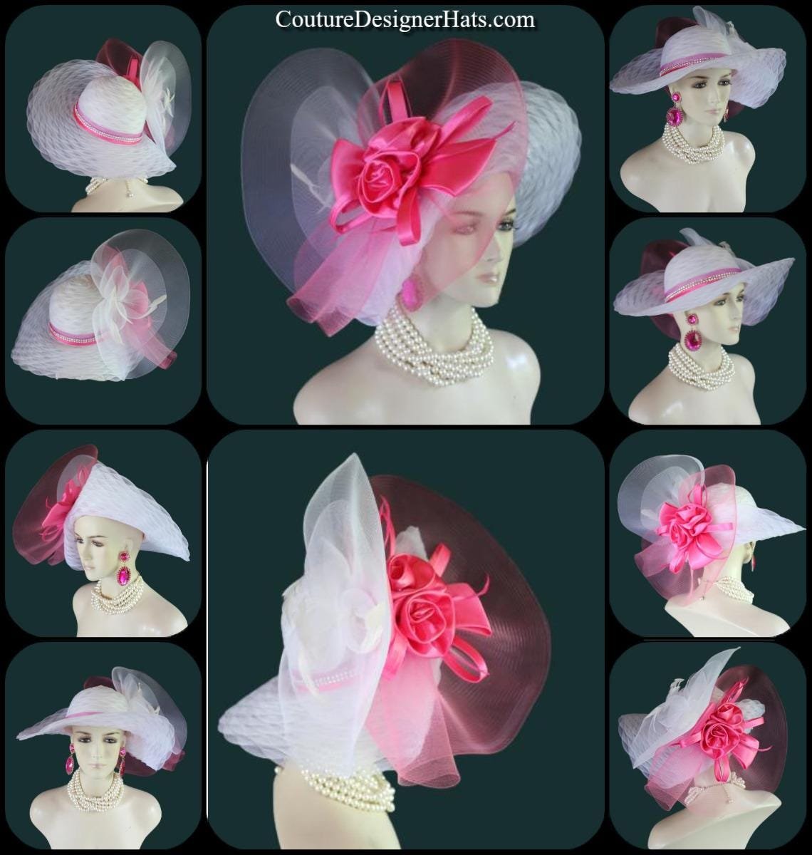 Haute Couture White Hot Pink Wide Brim Designer Fashion Hat, Formal Dress Church Hats, Kentucky Derby Hats, Avant Garde Wedding Bridal Hat - Image 9