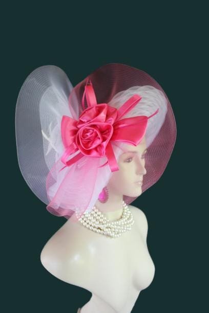 Haute Couture White Hot Pink Wide Brim Designer Fashion Hat, Formal Dress Church Hats, Kentucky Derby Hats, Avant Garde Wedding Bridal Hat - Image 8