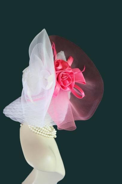 Haute Couture White Hot Pink Wide Brim Designer Fashion Hat, Formal Dress Church Hats, Kentucky Derby Hats, Avant Garde Wedding Bridal Hat - Image 10