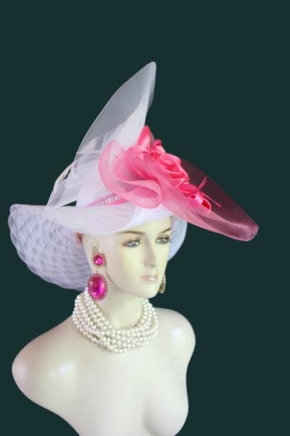 Haute Couture White Hot Pink Wide Brim Designer Fashion Hat, Formal Dress Church Hats, Kentucky Derby Hats, Avant Garde Wedding Bridal Hat - Image 16