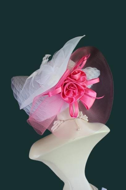 Haute Couture White Hot Pink Wide Brim Designer Fashion Hat, Formal Dress Church Hats, Kentucky Derby Hats, Avant Garde Wedding Bridal Hat - Image 18