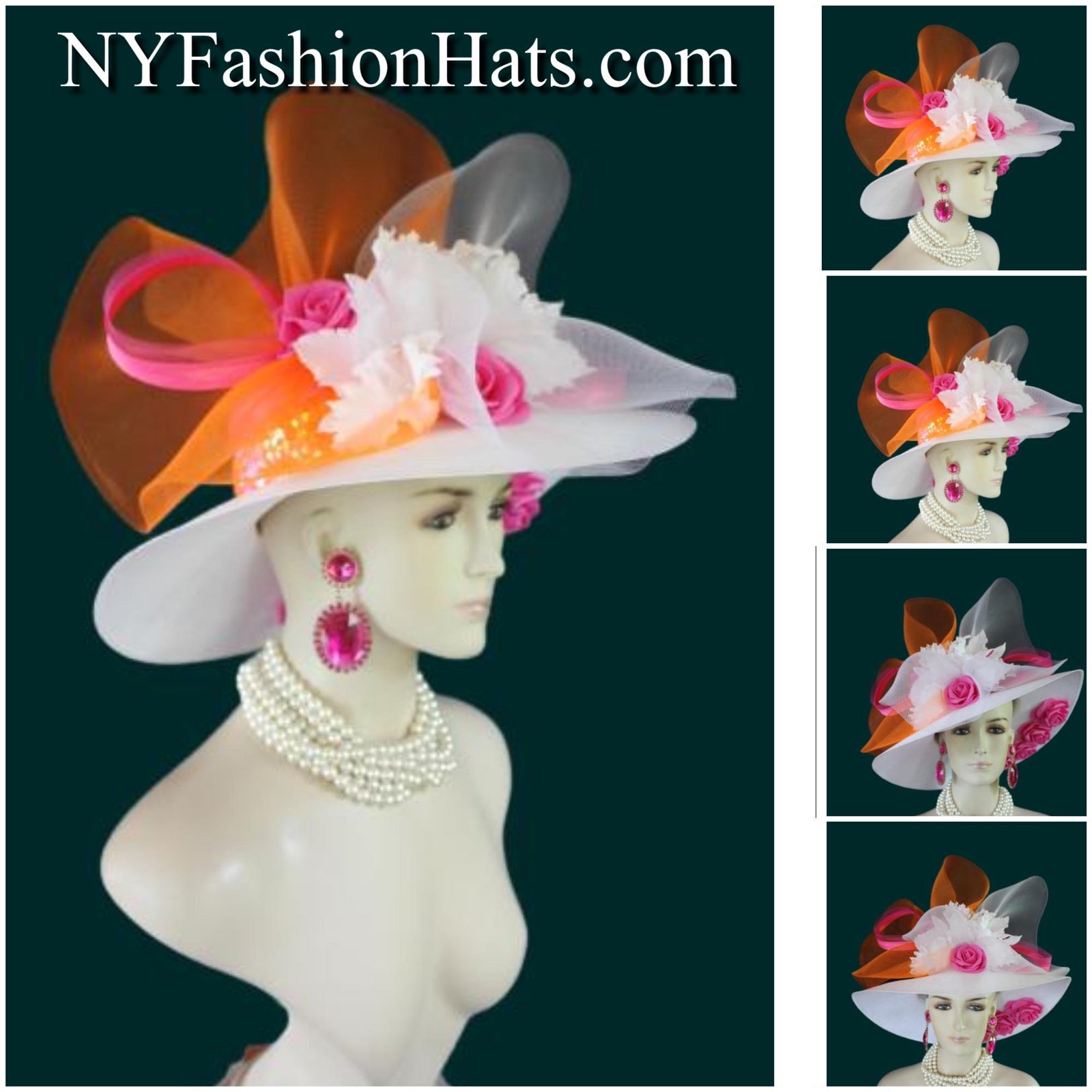 Ladies White Hot Pink Orange Wide Brim Designer Fashion Hat, Satin Straw Mother Of The Bride Hat, Avant Garde, Haute Couture Wedding Bridal - Image 2