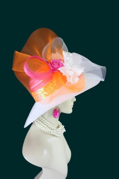 Ladies White Hot Pink Orange Wide Brim Designer Fashion Hat, Satin Straw Mother Of The Bride Hat, Avant Garde, Haute Couture Wedding Bridal - Image 5