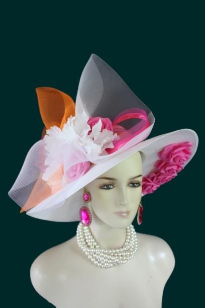 Ladies White Hot Pink Orange Wide Brim Designer Fashion Hat, Satin Straw Mother Of The Bride Hat, Avant Garde, Haute Couture Wedding Bridal - Image 6