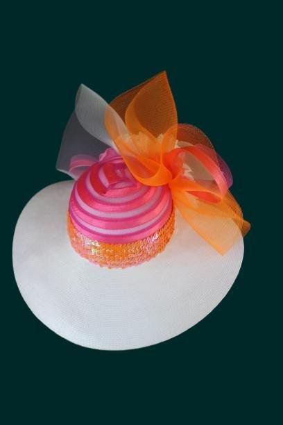 Ladies White Hot Pink Orange Wide Brim Designer Fashion Hat, Satin Straw Mother Of The Bride Hat, Avant Garde, Haute Couture Wedding Bridal - Image 8