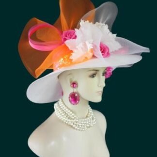 Ladies White Hot Pink Orange Wide Brim Designer Fashion Hat, Satin Straw Mother Of The Bride Hat, Avant Garde, Haute Couture Wedding Bridal