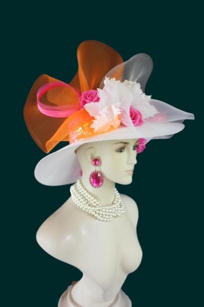Ladies White Hot Pink Orange Wide Brim Designer Fashion Hat, Satin Straw Mother Of The Bride Hat, Avant Garde, Haute Couture Wedding Bridal