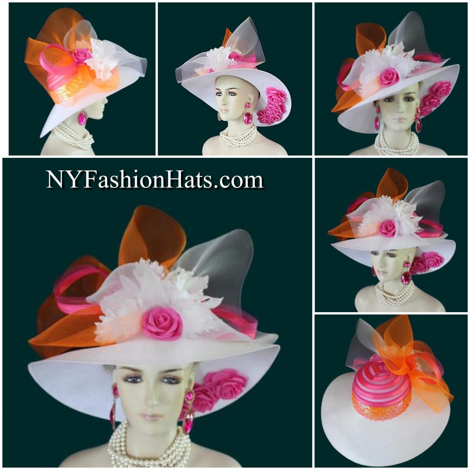 Ladies White Hot Pink Orange Wide Brim Designer Fashion Hat, Satin Straw Mother Of The Bride Hat, Avant Garde, Haute Couture Wedding Bridal - Image 7