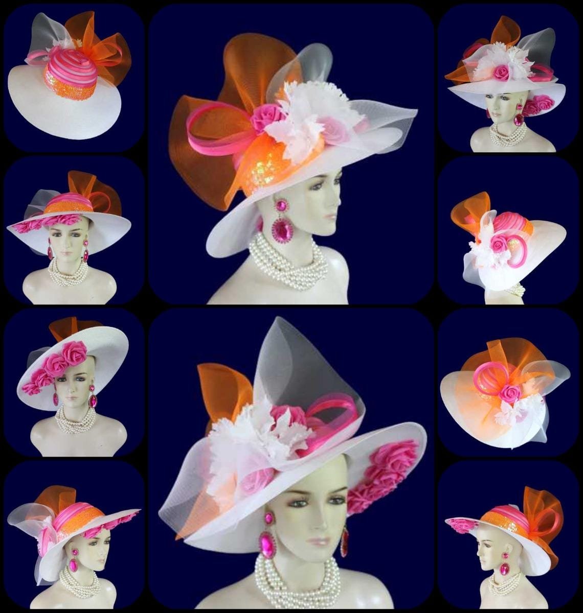 Ladies White Hot Pink Orange Wide Brim Designer Fashion Hat, Satin Straw Mother Of The Bride Hat, Avant Garde, Haute Couture Wedding Bridal - Image 12