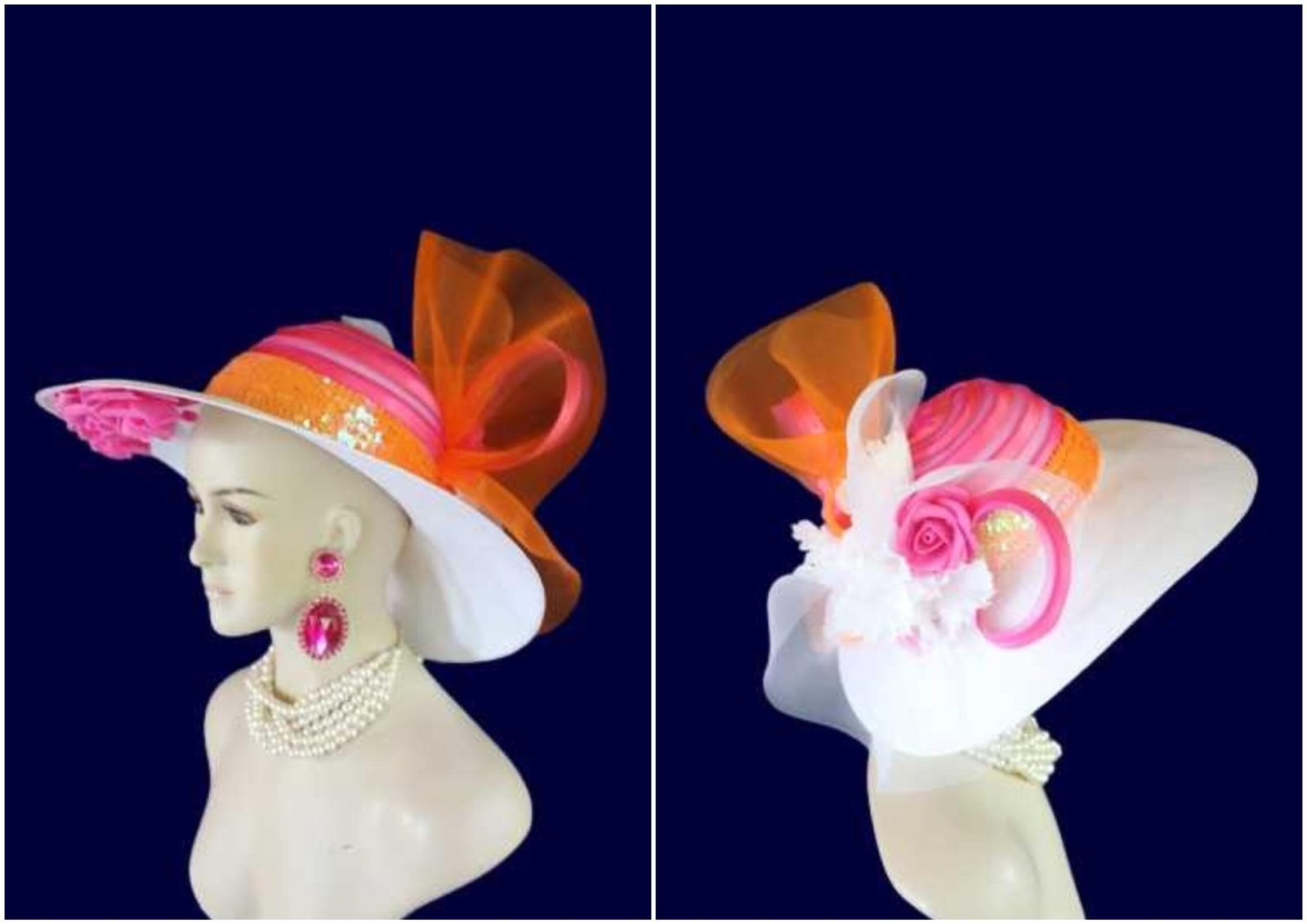 Ladies White Hot Pink Orange Wide Brim Designer Fashion Hat, Satin Straw Mother Of The Bride Hat, Avant Garde, Haute Couture Wedding Bridal - Image 11